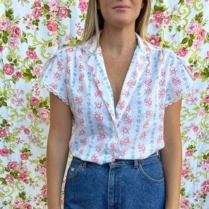Vintage white button up floral stripe blouse.